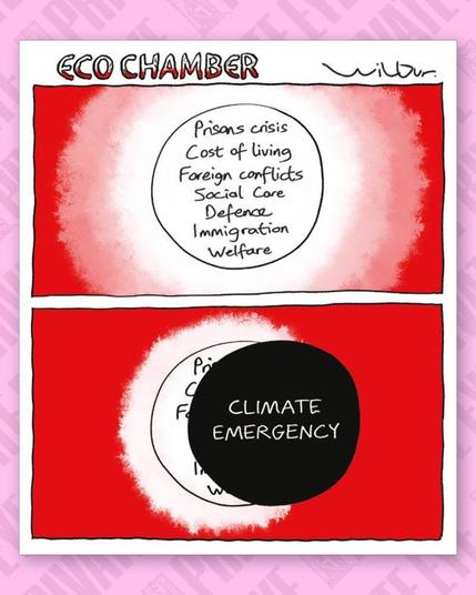 Cartoon: Top frame shows a sun-like sphere with 'Prisons crisis; Cost of living; Foreign conflicts; Social care; Defence; Immigration; Welfare' inside its circle; the bottom frame shows this circle being eclipsed by a black circle (the moon) with the single term 'Climate Emergency' superimposed.