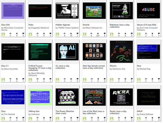 Screenshot of a grid of items from the Internet Archive's Vintage Artificial Intelligence collection, showing eighteen software title thumbnails including Eliza C64, Pisko, Hidden Agenda, SimLife, Robotwar, Abuse, Eliza 3.1, A Mind Forever Voyaging, A.I., Alter Ego, Worms, Talking Sam, The Dream Machine, Law of the West, Racter, and 64luff, each with view, favorite, and comment counts.