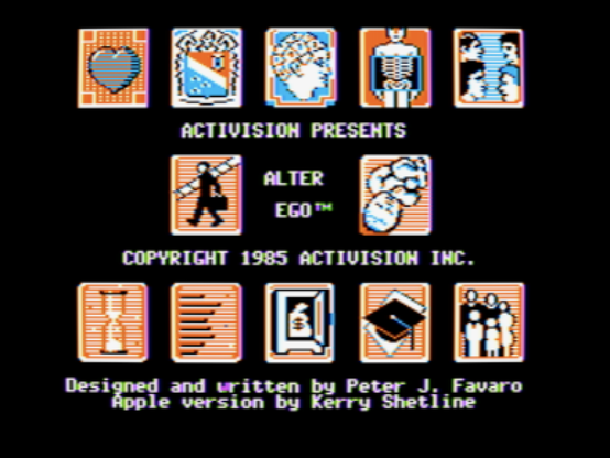 Screenshot of the Alter Ego title screen, showing rows of small icon illustrations representing life stages and themes above and below the text "Activision Presents Alter Ego," with a copyright notice for 1985 and credits for designer Peter J. Favaro and Apple version programmer Kerry Shetline.