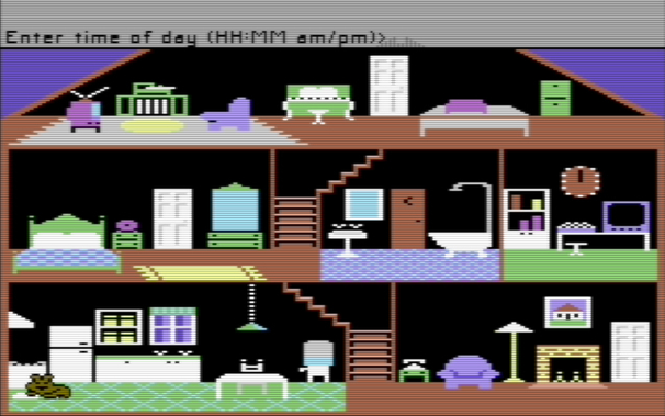 Screenshot of Little Computer People showing a cutaway view of a house with multiple rooms and floors, furnished with beds, a bathroom, kitchen appliances, a fireplace, and other household items, with a prompt at the top reading "Enter time of day (HH:MM am/pm)?"