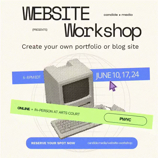 Slideshow of images recapping the website workshop series, showcasing what was worked on, food, a review from a participant, and the promotional graphic