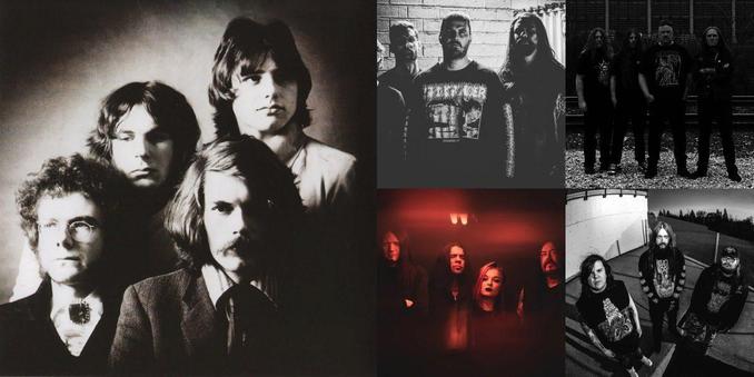 Collage of photos of the bands King Crimson, RESIN TOMB, ABYSSAL RIFT, Embryonic Autopsy, Dying Remains