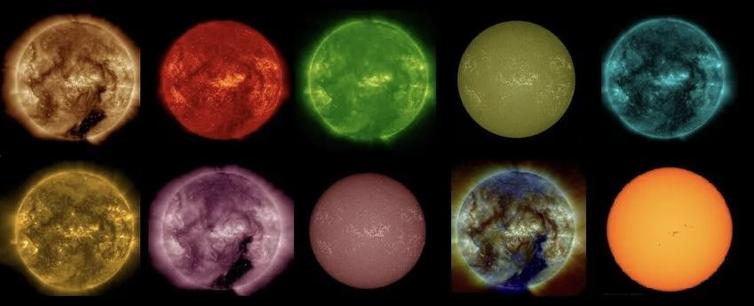 Zehn Bilder der Sonne, alle in anderen Farben. Dabei werden je nach Wellenlänge unterschiedliche Dinge sichtbar. Mal ist es die Oberfläche mit den dunklen Sonnenflecken, mal sind es die Strukturen in der Gashülle um die Sonne wie die oft von uns erwähnten koronalen Loops oder auch koronale Löcher. Zur Erinnerung: Der Satellit nimmt die Sonne zeitgleich in unterschiedlichen Wellenlängen auf, wobei es sich um die für Menschen unsichtbare extreme UV-Strahlung handelt. Damit aus den Daten anschaubare Bilder werden, ordnet man ihnen künstliche Falschfarben zu.