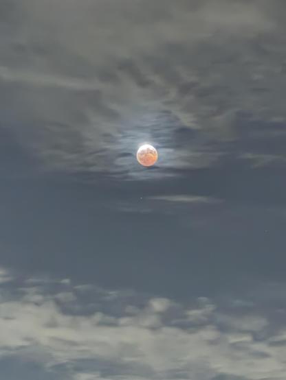 Almost total lunar eclipse, with only very slight cirrus clouds in the foreground