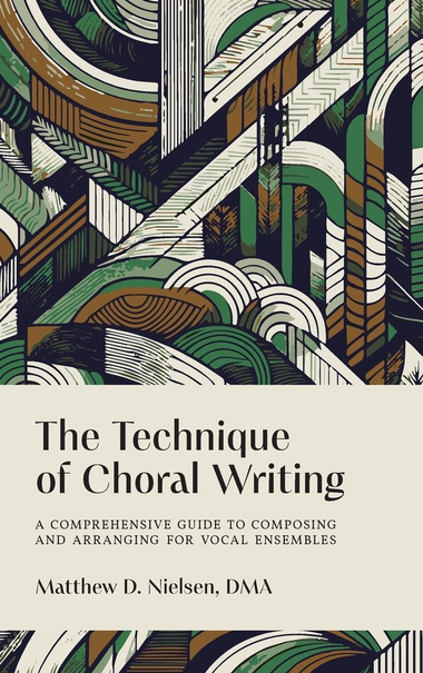 The cover of a book:

The Technique of Choral Writing
A Comprehensive Guide to Composing and Arranging for Vocal Ensembles
Matthew D. Nielsen, DMA

The book's design is pretty nifty, with an abstract graphic with bands and curves, maybe sort of reminiscent of an aerial view of a freeway interchange?