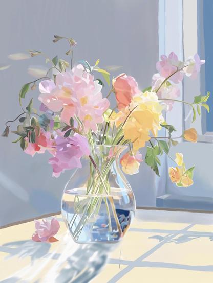 A digital gouache painting of pastel flowers in a clear vase on a table in a blue-gray room, with a nearby window shining morning light across the table.

Titled "Morning Light" ©Mary Nelson, 2026.
