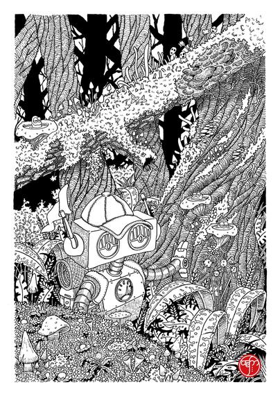 A whimsical ink illustration featuring a small robot exploring in a detailed, fantastical forest setting. The robot has large eyes and a wears a cap and a backpack, surrounded by various plants, mushrooms, and abstract shapes. The background consists of textured trees and hidden elements, creating an enchanting atmosphere