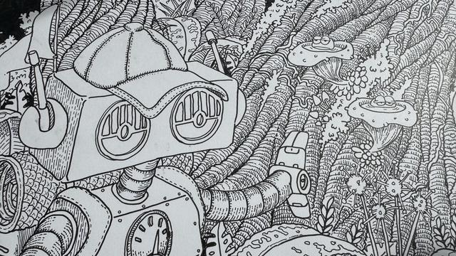 Details of an Illustration of a robot explorer, standing among detailed, whimsical plants and funky mushroom-like creatures. The scene features a variety of textures and patterns, enhancing the playful, imaginative vibe.