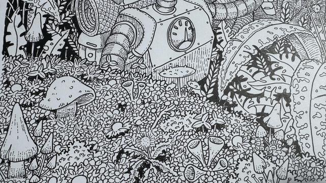 Detail of an intricate black-and-white illustration featuring a whimsical various mushrooms, plants, and flowers. The scene is detailed with foliage and natural elements, creating an enchanting, overgrown atmosphere.