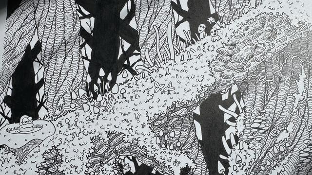 A detailed black-and-white illustration featuring whimsical vegetation, textured plants, mushrooms, and three Kodama hidden among the foliage. The scene appears imaginative and surreal, with a playful tone.