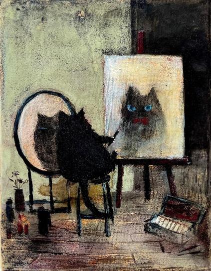 un chat noir aux yeux bleus brosse son portrait sur la toile
