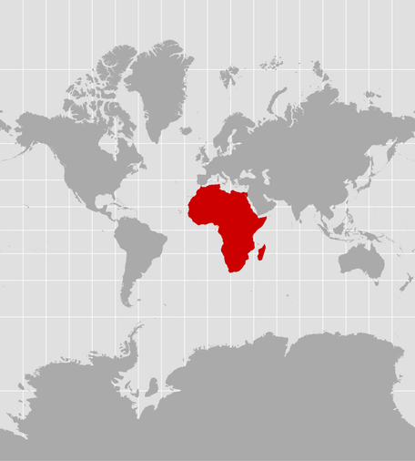Mercator projection: The surface of the globe is flattened to an almost quadratic rectangle. Greenland is nearly as large as Africa and the South Pole looks huge.
