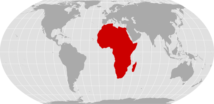 Equal Earth projection: The surface of the globe is flattened into a wide rectangle with round (almost semi-circular) left and right sides. Africa is much larger, Greenland and the South Pole are much smaller.