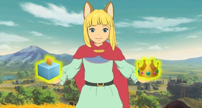 a doctored screenshot from Ni No Kuni 2 showing the main character, Evan Pettiwhisker Tildrum, holding a ballot box in one hand and a crown in the other