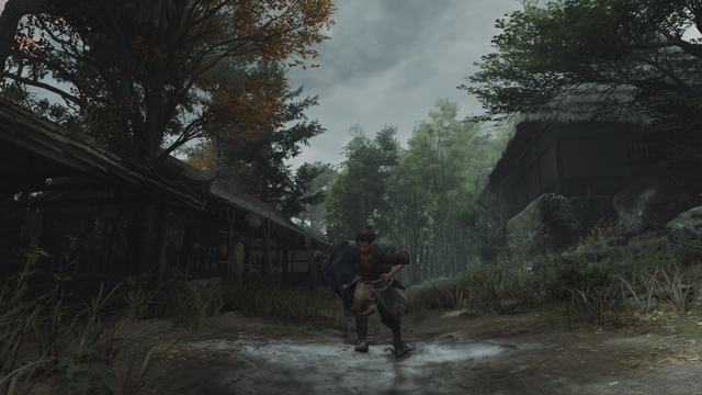 Musashi sprinting through a muddy, rain-soaked village surrounded by wooden huts and bamboo trees.