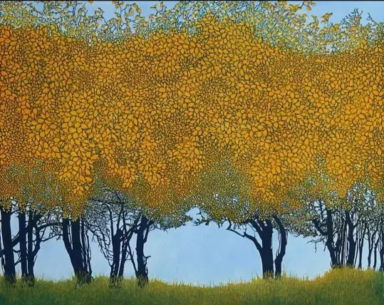 Contemporary landscape featuring a contrast between warm yellow-orange autumn foliage and a cool blue sky