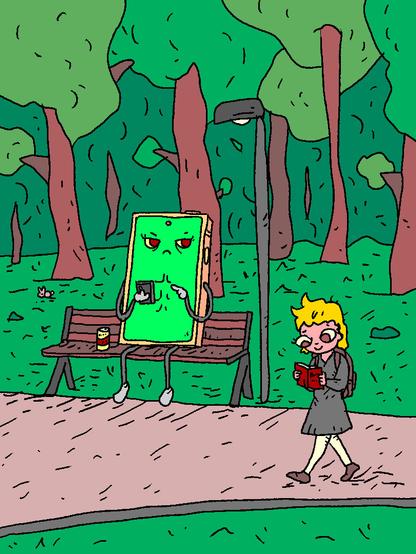 Mister Mobilek is doomscrolling on his mobilek in a park when a child reading a book walks by.

Mister Mobilek is disgusted.