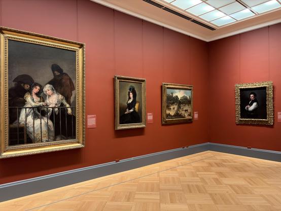 Five framed paintings displayed on a reddish-brown gallery wall in an art museum.