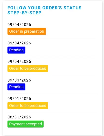 Order Status page

2026-08-31 Payment accepted
2026-09-01 Order to be produced
2026-09-03 Pending
2026-09-04 Order to be produced 
2026-09-04 Pending
2026-09-04 Order in preparation