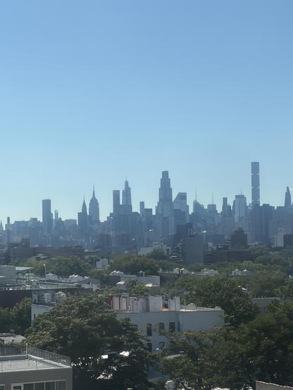 City skyline with tall buildings under a clear blue sky, with greenery in the foreground.