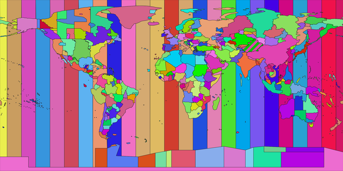 Map of the world. Each country has a different color and the oceans are divided into 25 slices with different colors each.