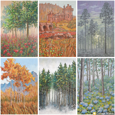 A photo collage of some of my landscape artwork:
An oilpastel painting of trees in a patch of red poppies.
A drawing in autumnal hues of Eilean Donan Castle, Scotland. 
A drawing of a frosty morning with trees.
An autumnal landscape with orange trees and a blue sky.
An oilpastel painting of a winter forest.
A summer woodland scene with blue hydrangea.