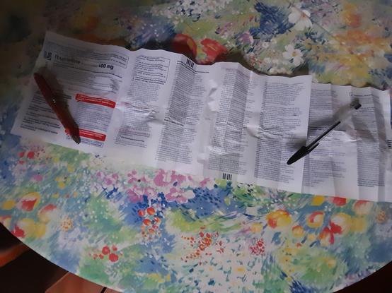 The whole paper on a table with 2 pens for size comparison. It's nearly as long as the table.