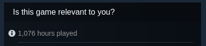 Screenshot of my Steam "Is this game relevant to you" widget showing 1,076 hours played
