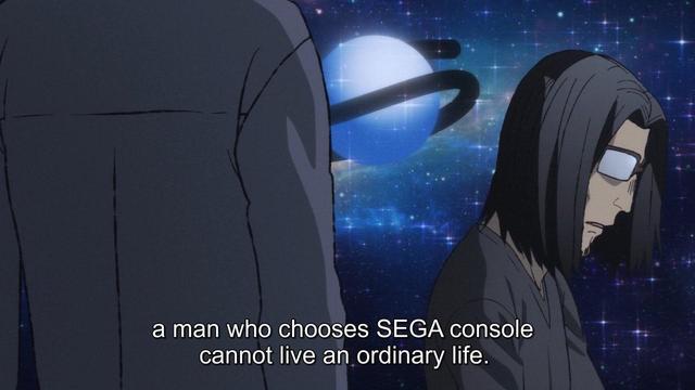 A person with long dark hair and glasses sits with a sad expression, set against a cosmic background. Subtitle: "a man who chooses SEGA console cannot live an ordinary life."