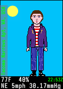Tacoma weather report, a clear day scene, showing a pale-skinned standing figure with short brown hair, wearing a purple sweatshirt showing the partial letters U W in gold open over a red-and-white horizontally striped shirt, blue pants, and black ankle boots. 77 degrees F, 5mph winds.