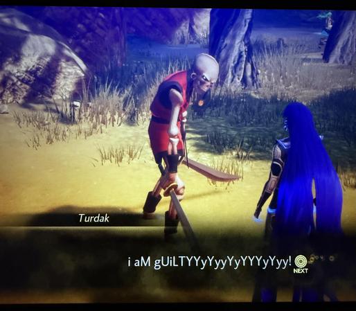 a still from Shin Megami Tensei V, showing the demon Turdak, a skeleton with swords, saying: I aM gUiLTYYyYyyYyYYYyYyy!