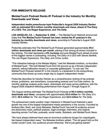 MeidasTouch press release dated September 9, 2026, announcing that The MeidasTouch Podcast ranked #1 in Podscribe’s August 2026 Industry Ranker for monthly downloads and views, with an estimated 95.4 million. The release notes MeidasTouch ranked ahead of The Diary of a CEO, The Joe Rogan Experience, The Daily, and Crime Junkie.