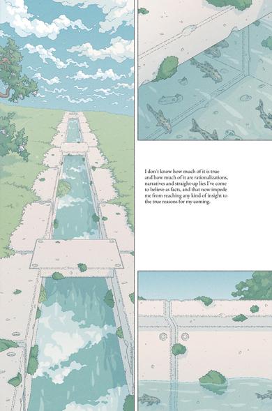 Comic page depicting a stream, flowing between some brutalist stones along a prairie. Fish swim on it.