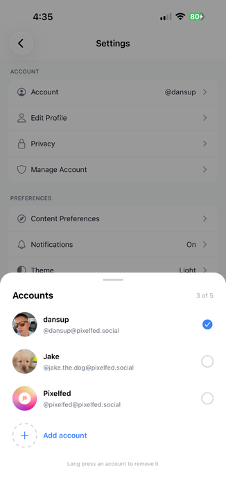 Pixelfed mobile app account switcher