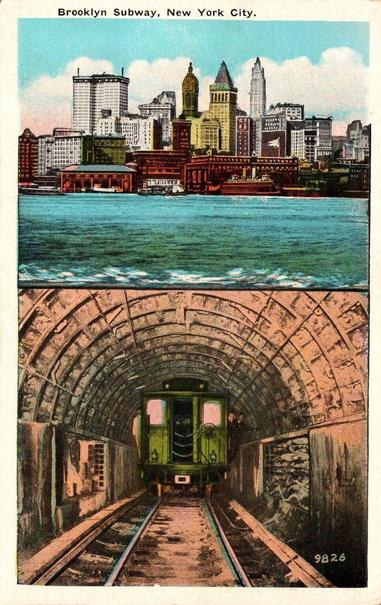 Vintage color postcard titled “Brooklyn Subway, New York City.” The postcard presents two vertically arranged illustrations. The upper image shows the New York City skyline viewed from across the water, with numerous tall commercial and residential buildings, several ornate towers and spires, and a waterfront subway station or entrance in the foreground. The lower image is a cutaway-style view of a subway tunnel beneath the water. A green subway train approaches the viewer on two tracks inside a large arched tunnel lined with brick and masonry. The tunnel walls and ceiling are heavily detailed with curved structural sections, while utility fixtures and walkways run along both sides of the tracks. The two scenes visually connect the Brooklyn waterfront with the underground subway system beneath the water. The postcard number “9626” appears at the lower right.