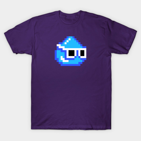 mockup product shot of a purple t-shirt with a pixelated blue drop wearing white sunglasses