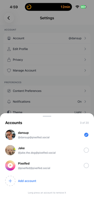 Pixelfed account switcher, showing the new limit of 20 (used to be 5)