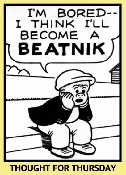 BORED SLUGGO IS SITTING ON THE CURB, WITH HIS FACE IN HIS HANDS  SLUGGO: I'M BORED--I THINK I'LL BECOME A BEATNIK