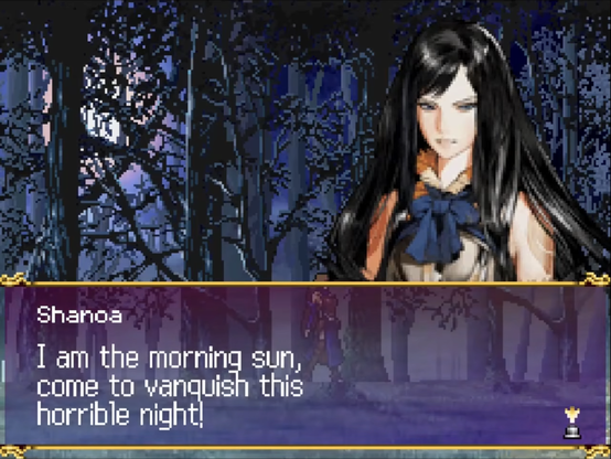 Screenshot from Castlevania: Order of Ecclesia when Shanoa is about to enter Dracula's castle. The caption says "I am the morning sun, come to vanquish this horrible night!"