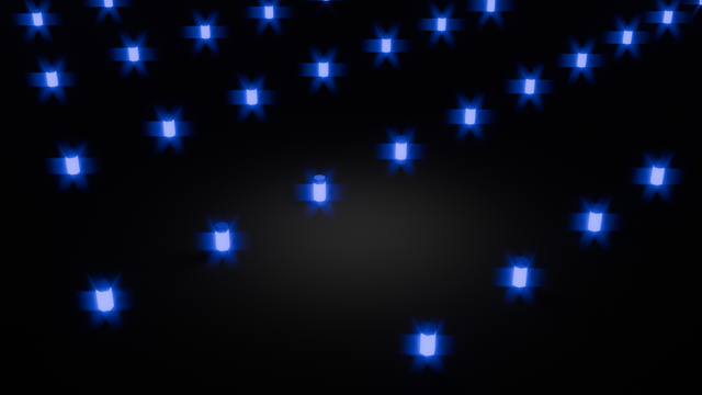 A grid of Hexagon Cylinders glowing on a black floor.