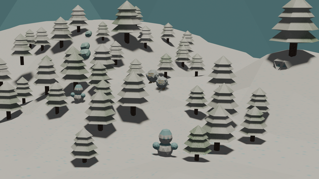 A low poly snowy forest with some creatures wandering around.
