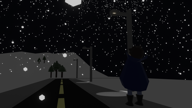 A low poly render of a man standing on a sidewalk while it is snowing.