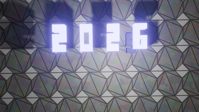 Low Poly render of a glowing 2026 with a dull 5 below the 6. Hexagon background with a kaleidoscope type pattern.