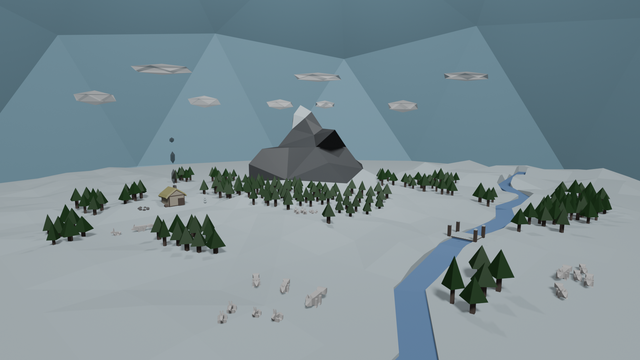 A low poly landscape of a winter mountain area.