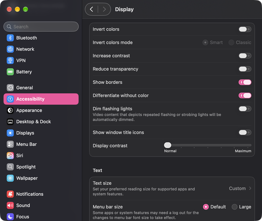 Screenshot of the System Settings Accessibility Display panel, with “Show borders” and “Differentiate without color” ticked, and other options off.