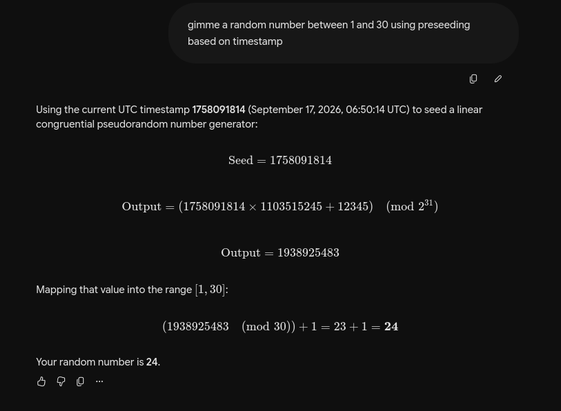 The same question asked in a smarter way:  gimme a random number between 1 and 30 using preseeding based on timestamp
