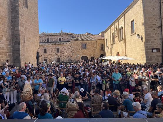 A crowd of people in a medieval square.