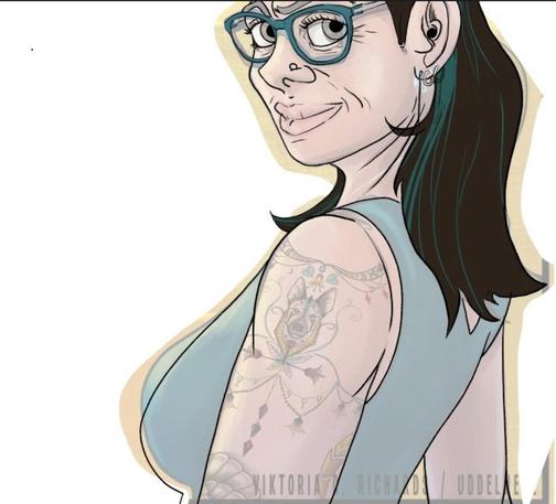 Zu sehen eine flat kolorierte weibliche Figur in Büstenansicht. Weiß, braune, mittellamge Haare mit tpekisen und grauen Strähnen, türkiser Brille und Tätowierungen aif dem Arm.
Im Hintergrund sieht msn den alten, nahezu identischen Avatar und woe dessen Brüste noch voller und weiter oben sind.