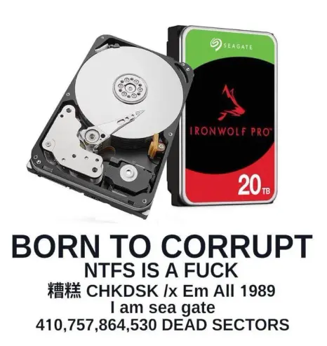product photo for seagate ironwolf pro 20TB drives, captioned "BORN TO CORRUPT. NTFS IS A FUCK. CHKDSK /x Em All 1989. I am sea gate. 410,757,864,530 DEAD SECTORS"