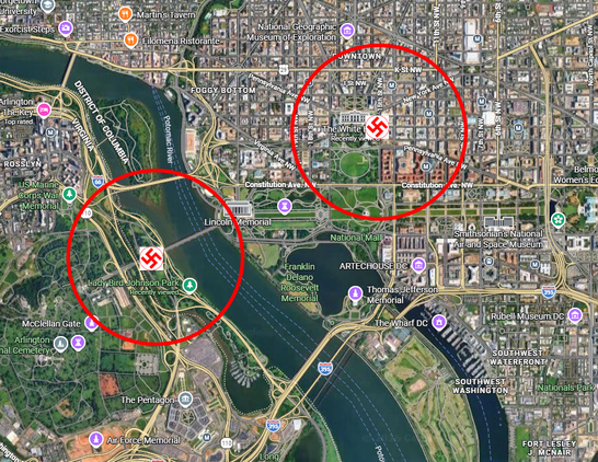 Map of central Washington DC with White House Ballroom and Trump Arch sniper bases, along with red circles representing approximate range of sniper fire from each.